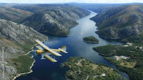 Wallpaper Mural A vibrant biplane glides gracefully above , showcasing breathtaking cliffs and serene waters on a sunny day Torontodigital.ca