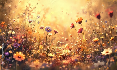 Vibrant meadow of colorful flowers bathed in golden sunlight