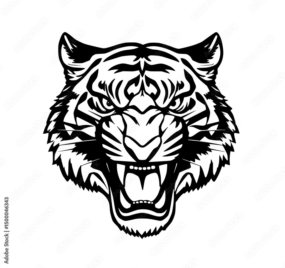 Fototapeta premium Fierce Tiger Illustration: A striking illustration captures the raw power and intensity of a roaring tiger, showcasing intricate details of its face in a powerful monochrome design.