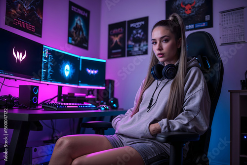 A beautiful young woman is sitting on a gaming computer chair.