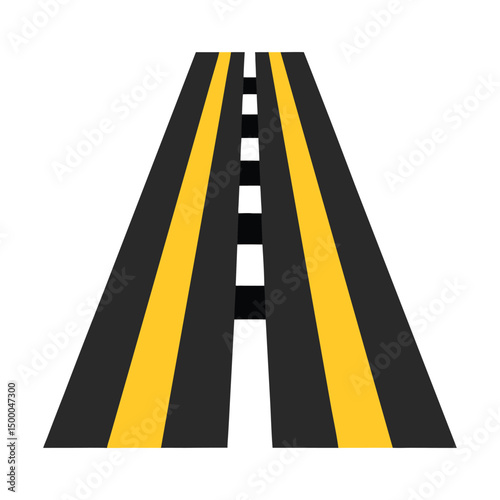 Straight asphalt road with yellow lanes and dashed center lines illustration