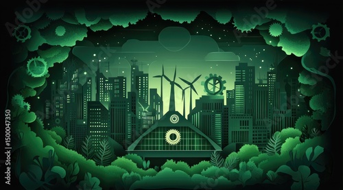 City nestled in lush green foliage at night, illuminated by futuristic city lights, with wind turbines and mechanical elements