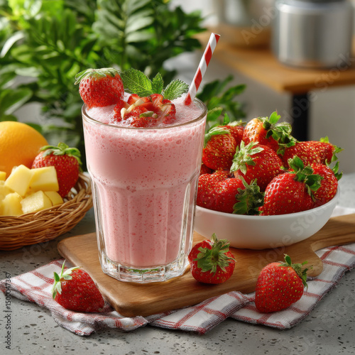 A refreshing strawberry smoothie is placed on a wooden board with a straw and mint, along with fresh strawberries and pine chunks, creating a tasty treat.