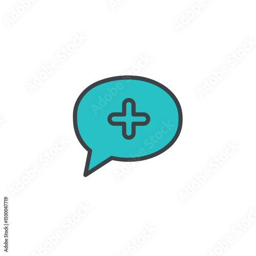 Speech bubble with plus symbol in teal color design  