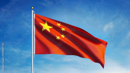 Chinese waving flag against blue sky