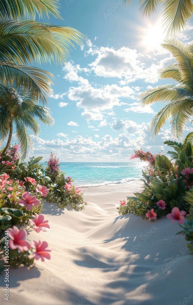Fototapeta premium Tropical Beach Pathway Leading to Clear Blue Waters and Vibrant Flowers Under a Sunny Sky