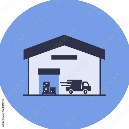 Warehouse with delivery truck and boxes on blue circular background  