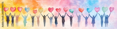 Silhouettes of people holding colorful heart-shaped balloons against a pastel watercolor background