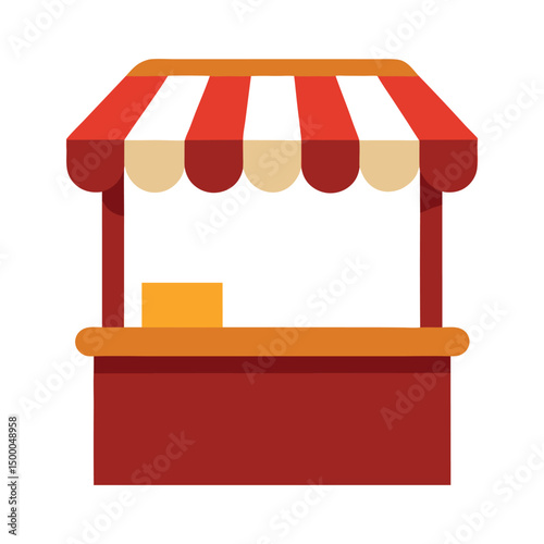 Flat illustration of a market stall with striped awning in red and cream