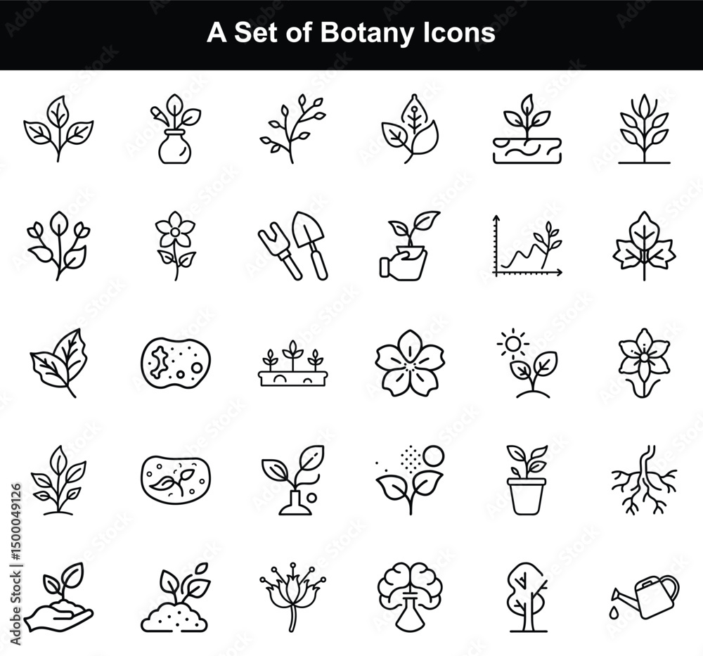 Fototapeta premium Black Line Style Botany Icon Set with Leaf, Flower, Seedling on White Backdrop