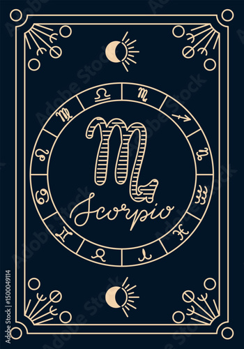 Scorpio zodiac card with astrological symbols and cosmic decorative frame in vintage style. This vector represents astrology, mysticism and personality traits of the Scorpio sign