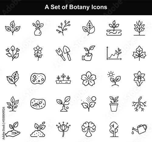 Black Line Style Botany Icon Set with Leaf, Flower, Seedling on White Backdrop