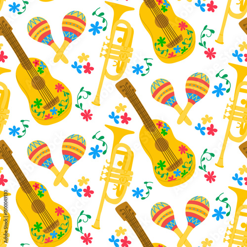 Seamless pattern with mariachi guitars, maracas, trumpets and colorful flowers on white background. This vector represents Mexican culture, folk music and festive celebration