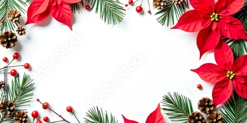 Frame of flowers of red poinsettia, branch christmas tree, ball, red berry on a white background with space for text. Christmas decoration.