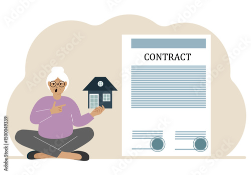 A woman on the boat holds a house nearby a big contract. Real estate transaction concept, purchase, sale, rent or rental house.