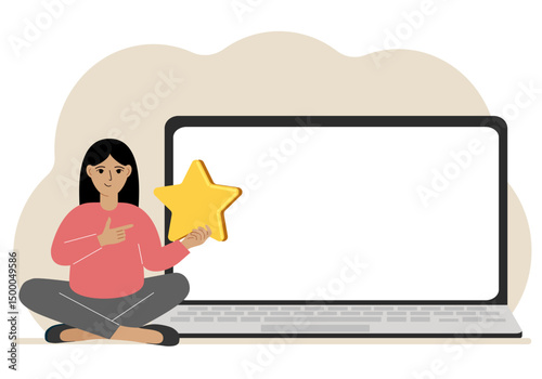 Online feedback, customer experience, user satisfaction concept. Woman giving star rating online using laptop. Positive feedback, business survey.