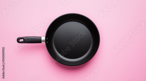 A sturdy teflon frying pan rests against a pink background, showcasing its non-stick surface, ergonomic handle, and durable, flat-bottomed design.

