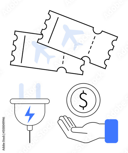 Two airline tickets, a power plug, a coin in a hand represent travel, energy efficiency, and saving money. Ideal for trip budgeting, cost planning, sustainability, energy conservation eco-travel