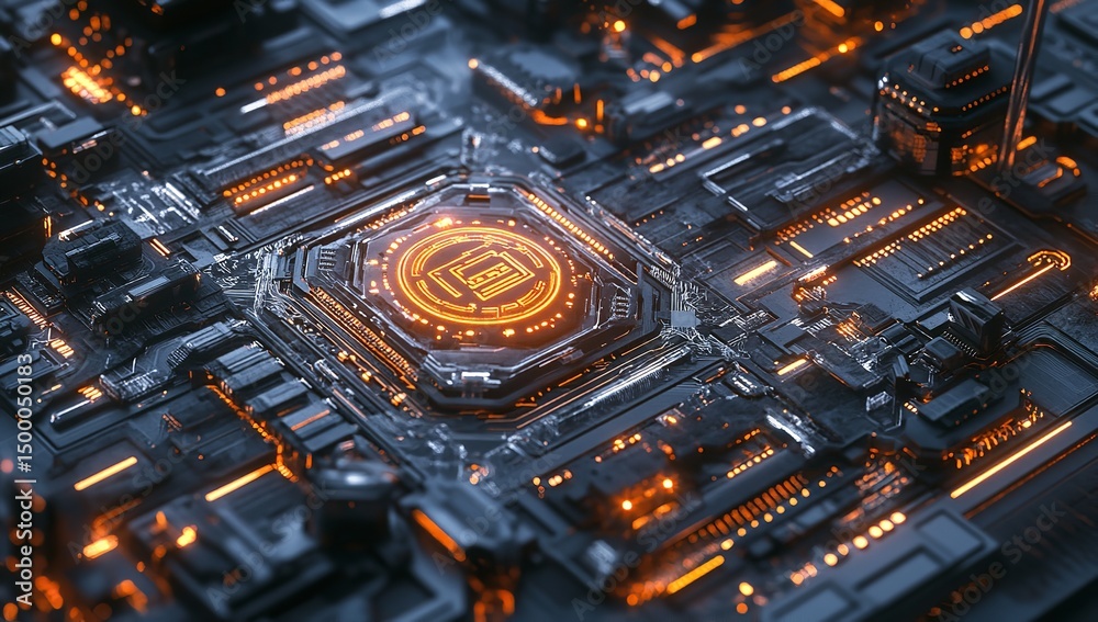 Futuristic motherboard pulsing with orange light signaling technological on transparent background Futuristic motherboard pulsing with orange light signaling technological on transparent background