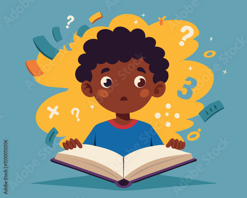 Curious Boy Reading a Book. A Journey into Knowledge and Learning