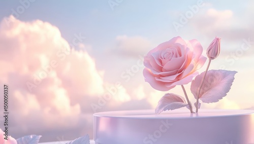 Soft pink rose on a pedestal against a pastel sky