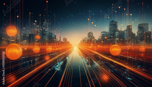 orange tech network over city