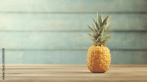 Fresh pineapple resting on a wooden table against a textured blue backdrop in a bright light setting