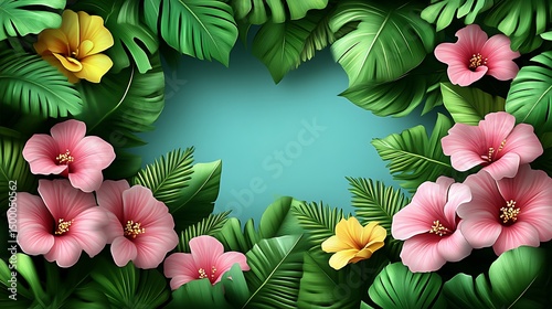 Vibrant pink flowers and green leaves frame a teal background
