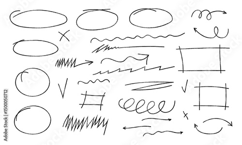 Hand-drawn scribble elements set with grunge arrows, messy lines, sketchy circles, underlines, and marks for highlight, note, and annotation design in rough sketch style