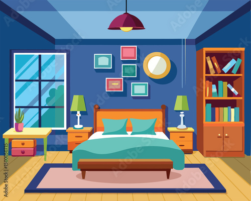 Modern Cozy Bedroom Interior Design with Blue Walls