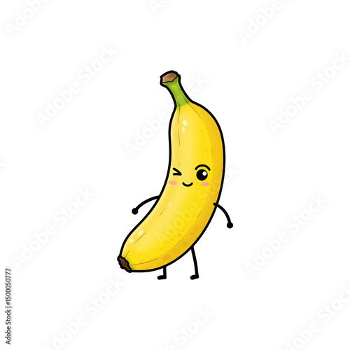 Cartoon banana character with smiley face and waving arms in a fun pose