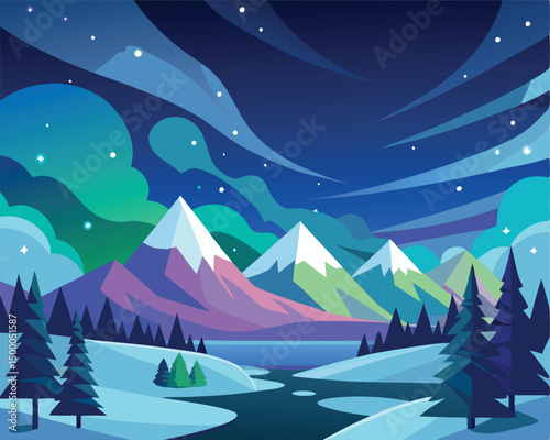 Majestic Night Landscape. Snowy Mountains. Aurora. and a Serene Lake