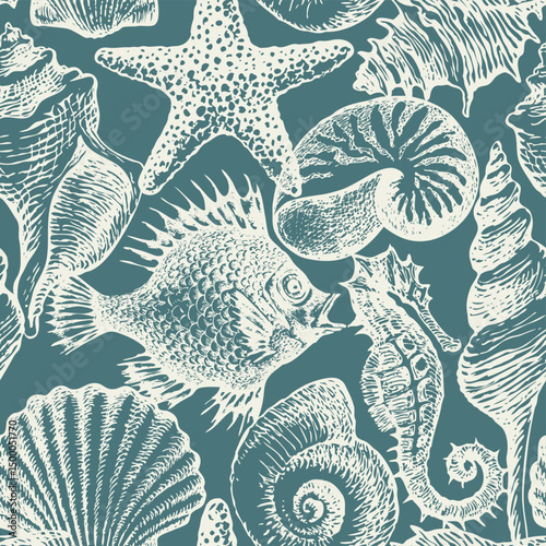 Seamless pattern with  sea animals, fish, seahorse and seashells on wave background. Repeating vector colors illustration in vintage style. Wallpaper, textiles, ceramic tiles. No ai used