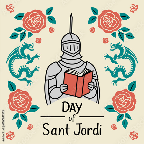 Day of Sant Jordi Knight Reading with Roses and Dragons