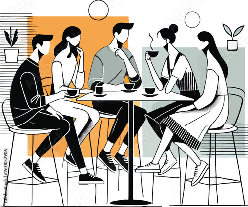 Group of friends enjoying coffee and conversation at a stylish modern cafe