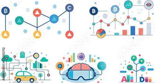 modern, colorful flat vector illustration set depicting advanced technology themes, including blockchain networks, cryptocurrency analytics, smart transportation with IoT connectivity, artificial inte