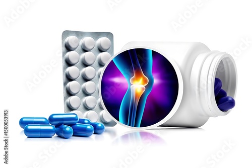 Blue capsules and blister pack of pills with a bottle and knee joint graphic isolated on white background, representing medical treatment and healthcare