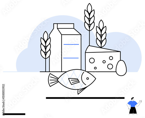 Milk carton, cheese, fish, wheat stalks, and egg arranged with minimalist style. Ideal for nutrition, healthy eating, food sustainability, agriculture organic products grocery shopping simple
