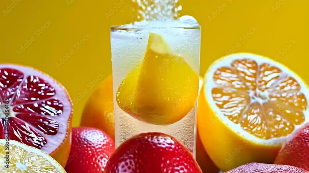 Lemon slice in carbonated water with bubbles rising, set against a bright yellow background. Fizzy, refreshing summer drink vibe with citrus slices floating. Cool, zesty atmosphere perfect for cold le