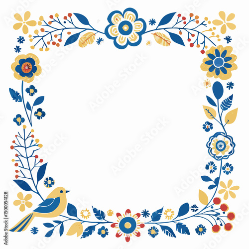 Floral Frame Border with Bird - Blue and Yellow Flowers