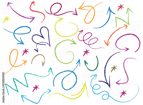 hand drawn colorful crayon arrows collection, with directional pointers on white background. Hand drawn grunge chalk indicators. Pencil scribble doodle designs for infographics, presentations