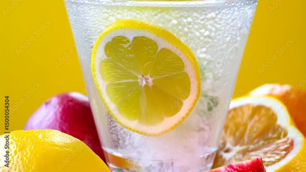 Lemon slice in carbonated water with bubbles rising, set against a bright yellow background. Fizzy, refreshing summer drink vibe with citrus slices floating. Cool, zesty atmosphere perfect for cold le