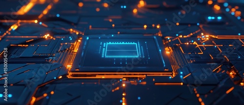 High-tech circuit board with glowing processor