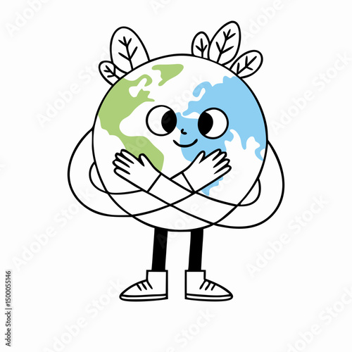 Cute Cartoon Earth Character Hugging Itself, Environmental Conservation Illustration