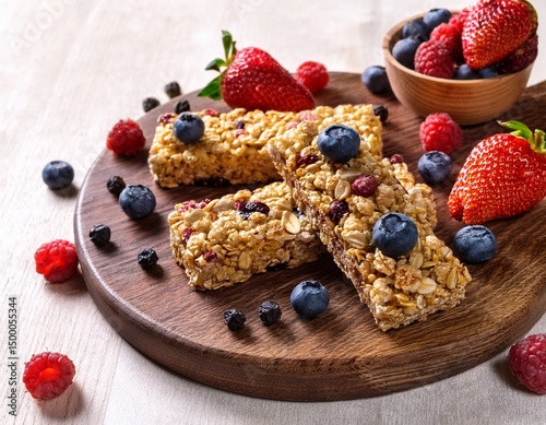 granola bars with berries on wooden board