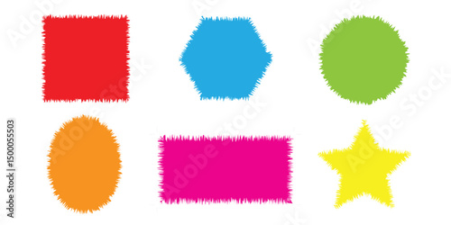 Colorful Fuzzy Geometric Shapes Collection, Vector Illustration of Hairy Textured Polygon, Star, Oval, Rectangle, and Square with Rough Edges on White Background