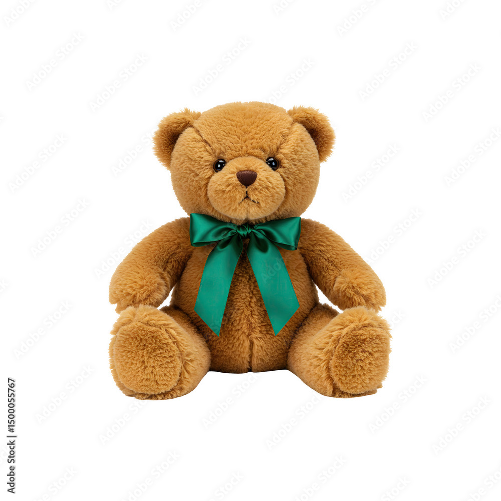 Obraz premium A cute brown teddy bear sitting upright, wearing a blue ribbon, representing warmth, comfort, and classic childhood toys.