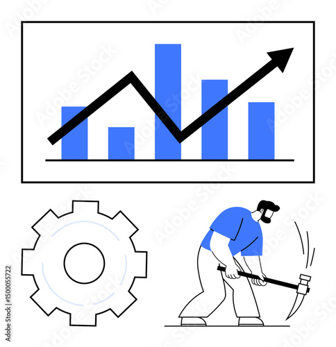 Rising graph showing growth, worker using hammer on task, gear symbolizing operation. Ideal for productivity, business growth, innovation, improvement, goal achievement, industry simple landing page