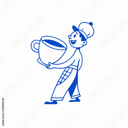 Happy Man Carrying Huge Coffee Cup - Retro Illustration