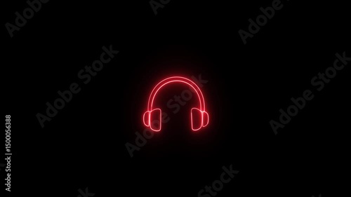 Neon glowing red color headphone icon on black background animation. 4k videos